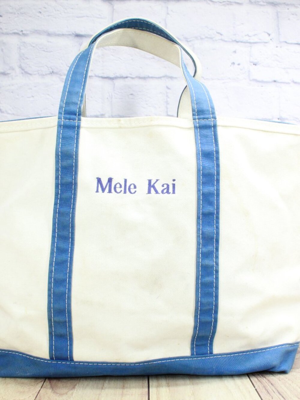 LL Bean Boat & Tote Zip Top Blue Trim Canvas Tote Bag Monogram Mele Kai USA Made